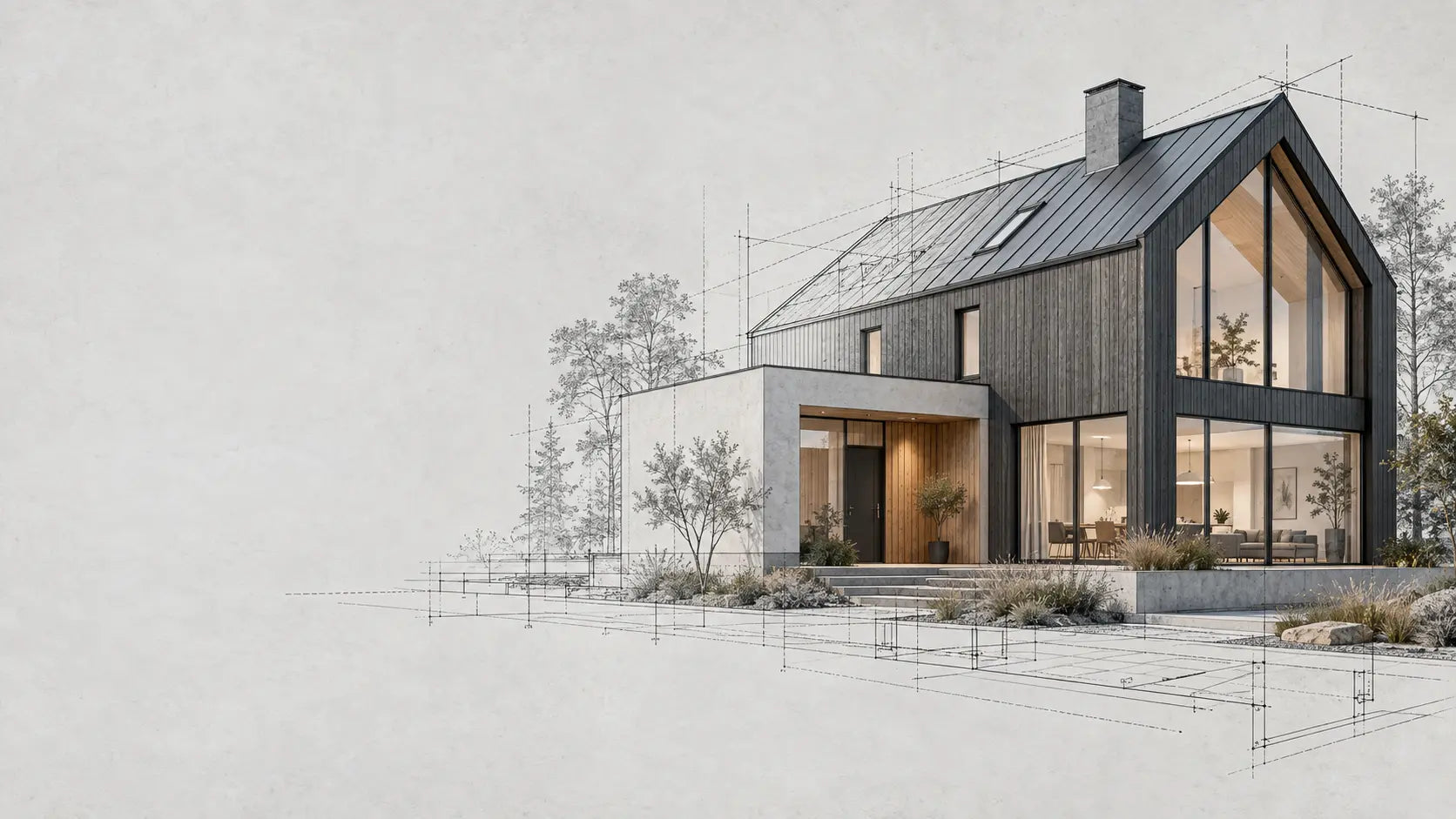 Modernt designhus visualiserat tillsammans med arkitektritningens linjer